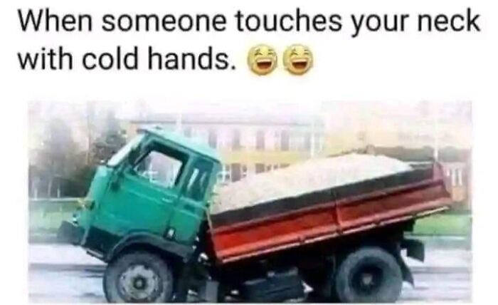 A hilarious car-related meme showing a tilted truck mimicking a startled reaction.