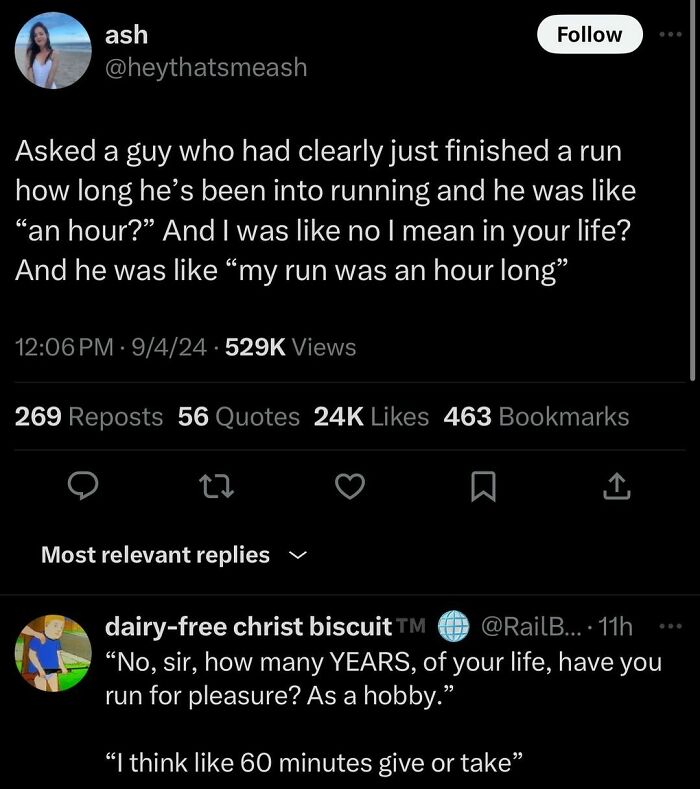 Funny meme about a running conversation, with a humorous misunderstanding about time and commitment to the hobby.