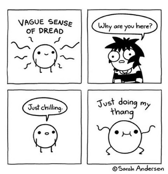 Relatable meme featuring a character confronting a "vague sense of dread," humorously illustrating mental struggles.