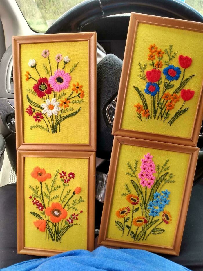 I Found These Embroidered Pictures At Goodwill Bundled Together For $1.99. The Backs Are Signed And Dated 1976