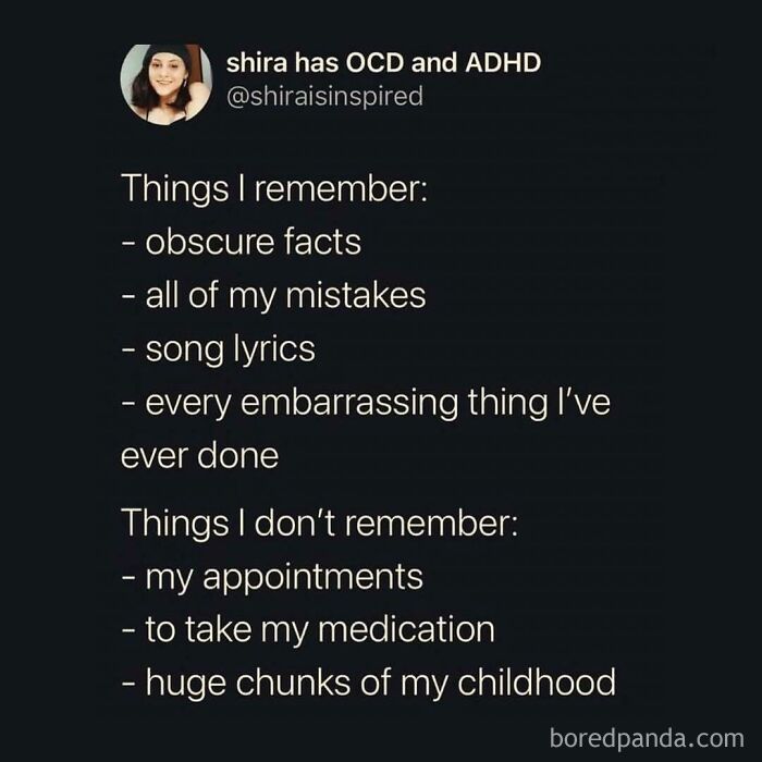 Relatable meme about remembering embarrassing moments and forgetting appointments, highlighting mental health struggles humorously.