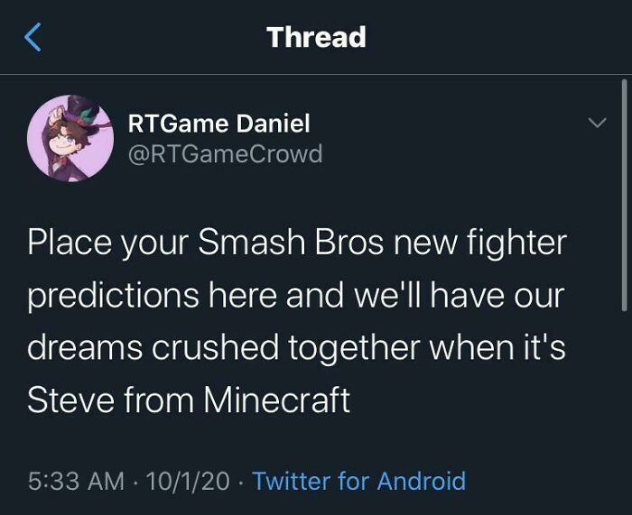 Tweet predicting Steve from Minecraft as a new Smash Bros fighter.