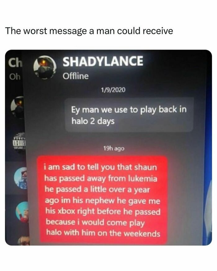 Emotional meme with game chat message about a friend's passing to leukemia, sharing a heartfelt story.