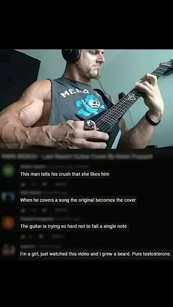 Man playing guitar with comments praising his epic performance.