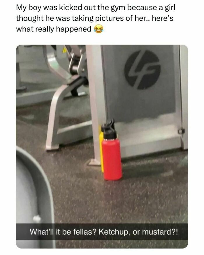 Gym meme with a red bottle and yellow object resembling ketchup and mustard beside gym equipment.