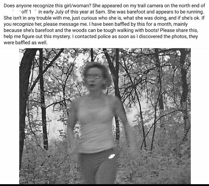 Creepy image of a blurry woman running barefoot in the woods at 5 AM, captured by a trail camera. Hair of kids.