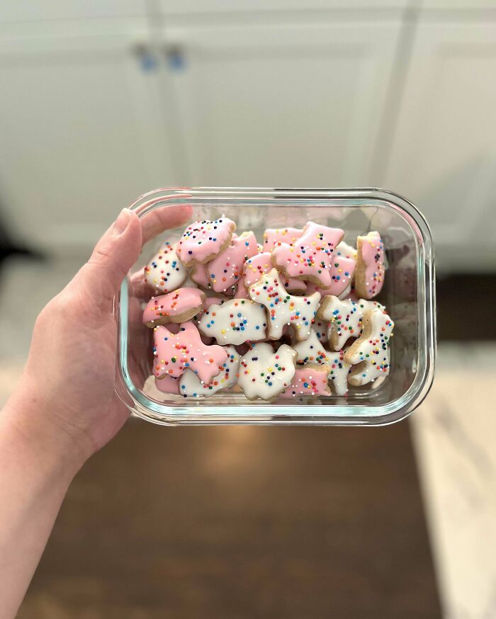 Hand holding a glass container filled with decorated animal-shaped cookies with pink and white frosting and sprinkles, baking at its finest.