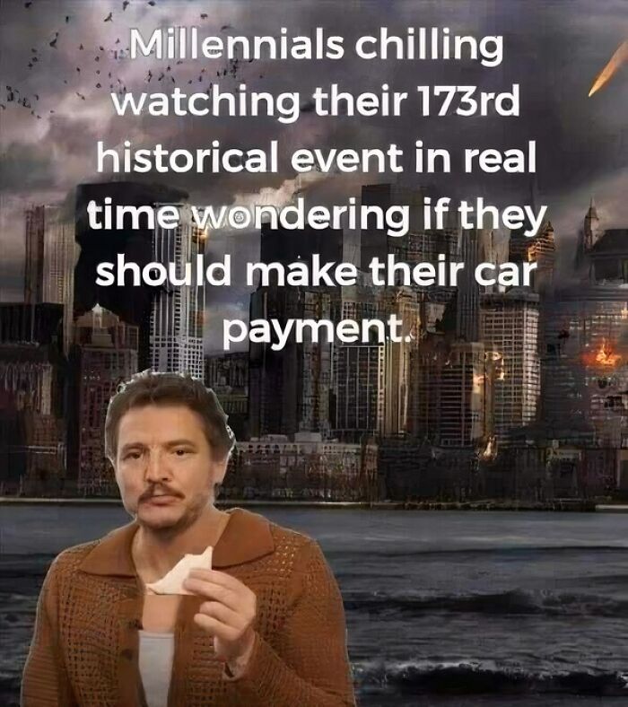 Man holding a tissue with a dystopian city background, meme making fun of millennials and everyday struggles.