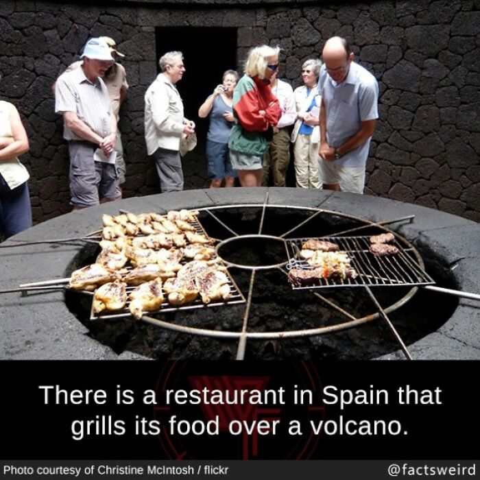Group of tourists observing food grilling over volcanic heat in a unique outdoor restaurant, illustrating fascinating fun facts.