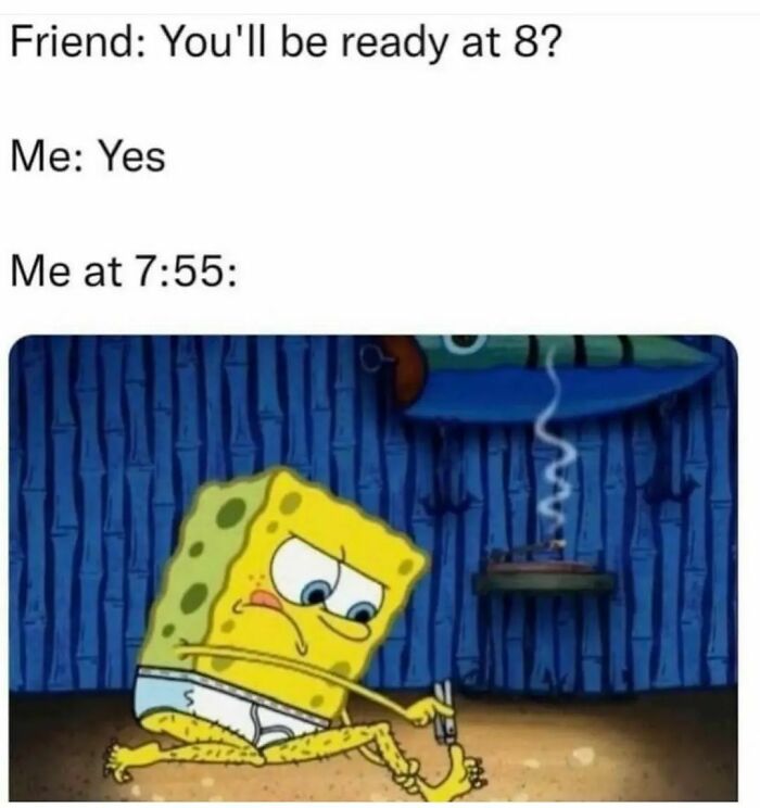Funny meme featuring SpongeBob nervously cutting his toenails last minute, illustrating relatable procrastination humor.