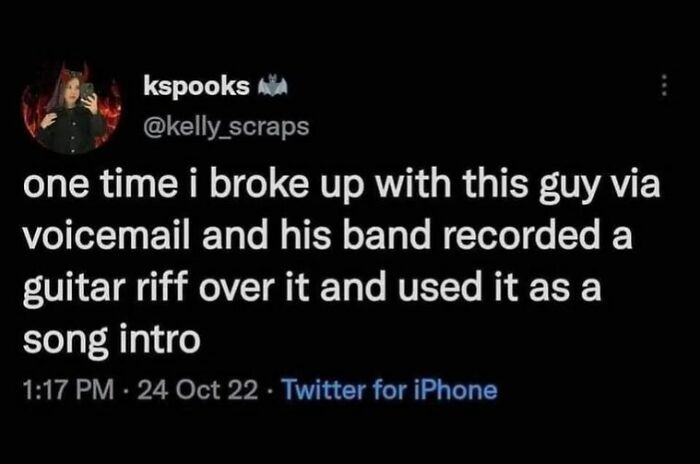 Tweet text about a breakup voicemail with a guitar riff used as a song intro, fitting 50 memes that make fun of everything.