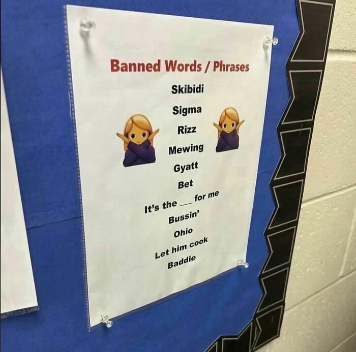 List of banned words and phrases posted on a bulletin board, illustrating random photos for processing challenges.