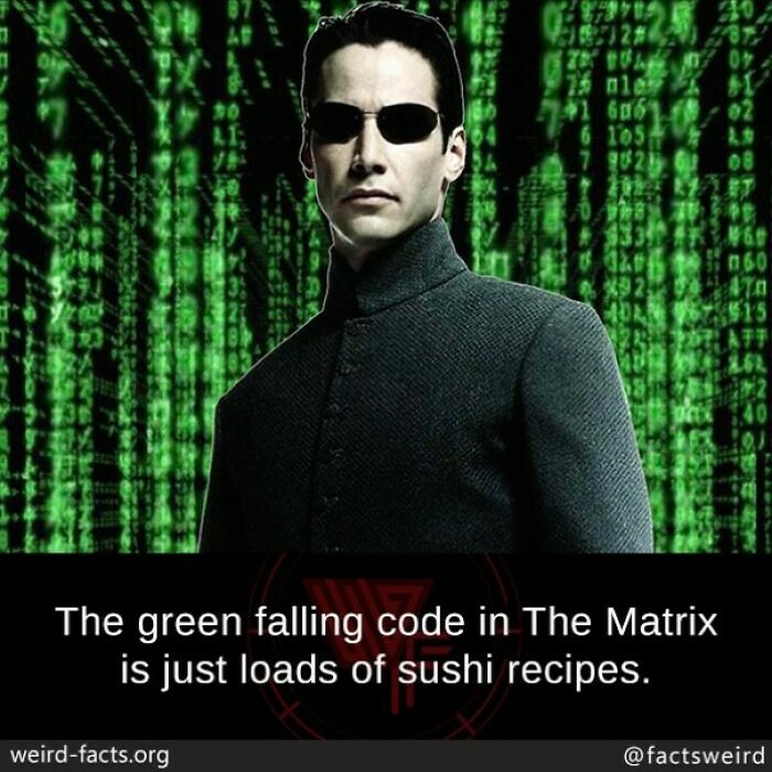 Image of a character from The Matrix with green falling code, sharing a fun fact about sushi recipes in the code.