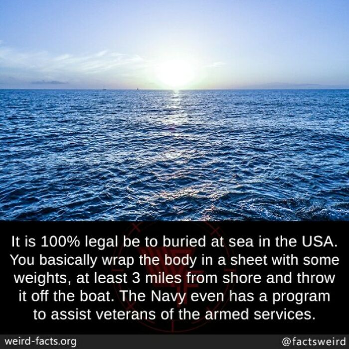 Ocean view at sunrise with text about legal burial at sea in the USA, a fascinating and amusing fun fact.