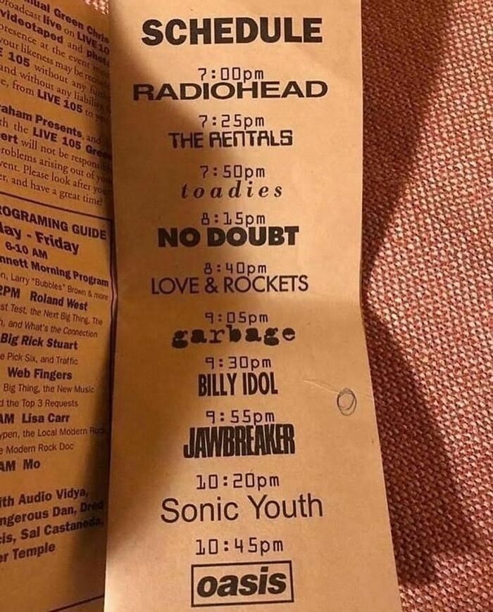 ‘90s concert schedule with bands like Radiohead, No Doubt, Sonic Youth, and Oasis on a nostalgic event lineup.