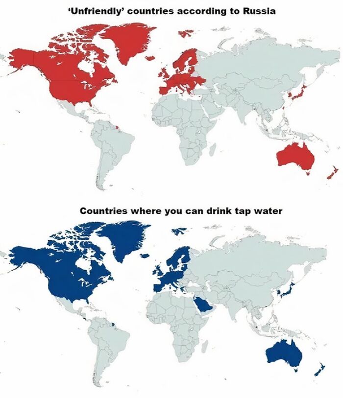 World map showing unfriendly countries by Russia in red and countries with drinkable tap water in blue, unconventional maps.