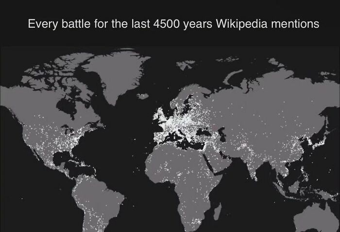 World map showing every battle recorded in Wikipedia over the last 4500 years, highlighting interesting facts in unconventional maps.