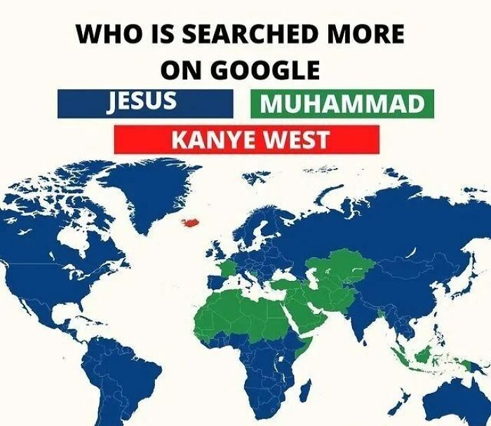 World map showing which term—Jesus, Muhammad, or Kanye West—is searched more on Google by country.