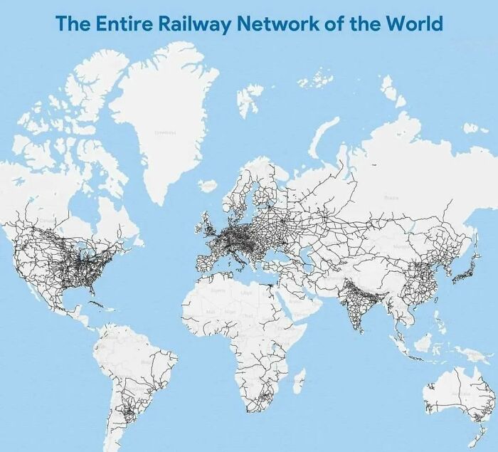 World map showing the entire railway network with dense connections in Europe, Asia, and North America in unconventional maps.