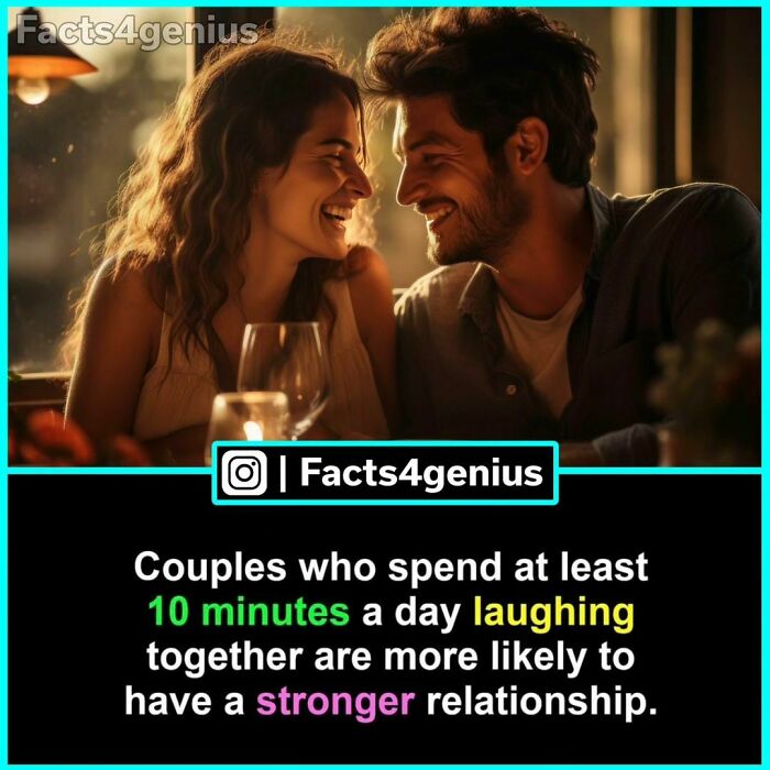 Couple laughing together at a dinner table, illustrating interesting facts about relationships for genius insights.