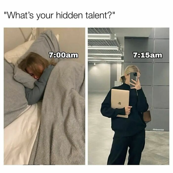 Comparison meme showing a woman sleeping at 7:00 am and fully dressed with laptop at 7:15 am, funny hilarious memes concept.
