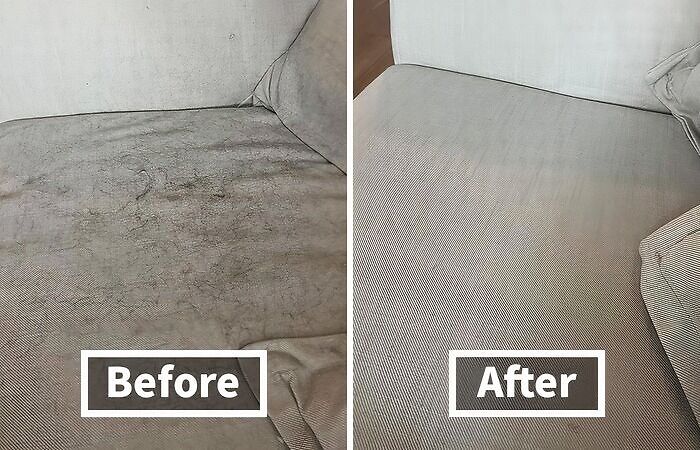 Couch cleaning comparison before and after, showcasing effective cleaning tricks to help get your security deposit back.