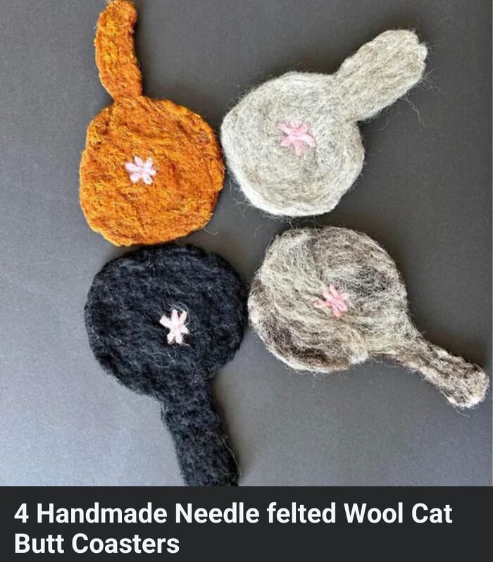 4 Posavasos en forma de c*lo de gato hechos a mano con fieltro de lana