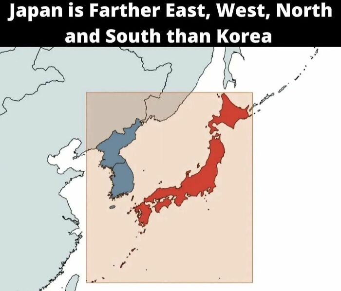 Map highlighting an unconventional fact about the world showing Japan is farther in all directions than Korea.