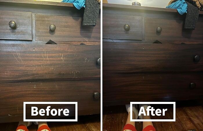 Before and after cleaning a dresser, highlighting scratches removed to help get your security deposit back.