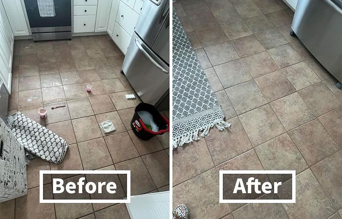 "Kitchen floor before and after cleaning, showcasing tricks to get your security deposit back."