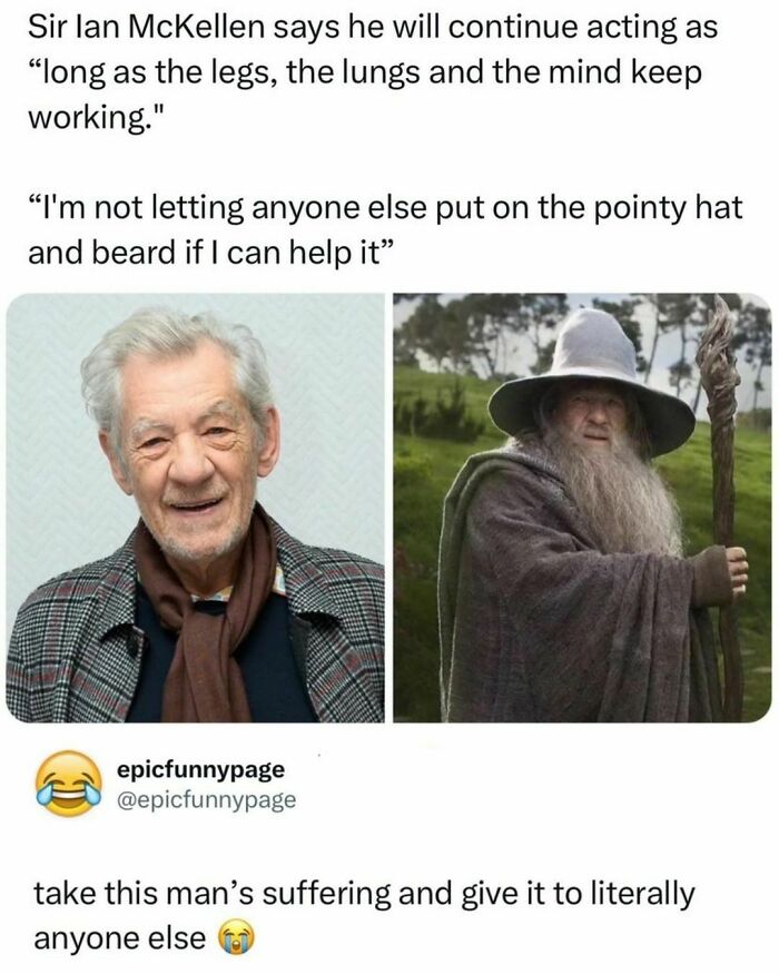 Elderly actor meme with text about continuing to act, featuring him in a classic role, shared by a popular Instagram page.