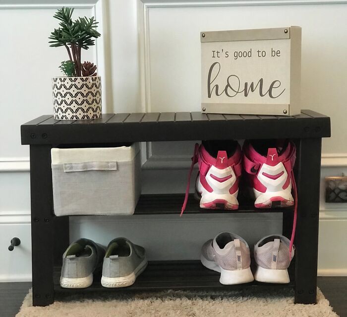Organized shoe rack with storage box and decorative plant showcasing genius hacks for hiding ugly clutter at home.