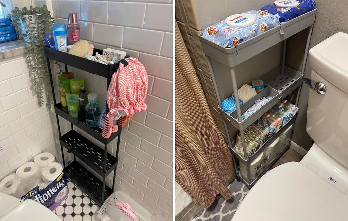 Bathroom storage hacks showing organized shelves with toiletries and toilet paper for hiding ugly clutter efficiently.