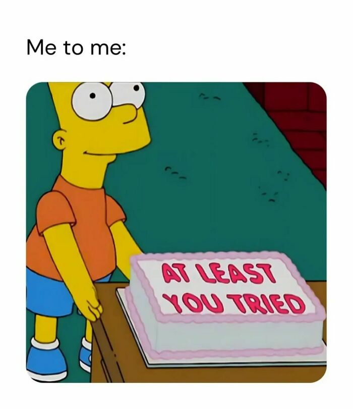 Animated character holding cake with text at least you tried, a hilarious meme for a laugh to save your day.