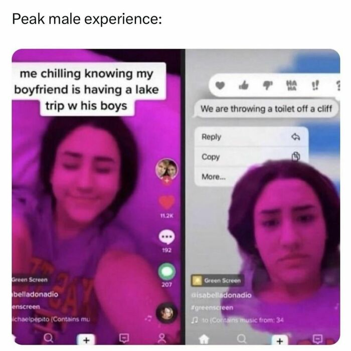 Woman reacts humorously to boyfriend's lake trip meme.