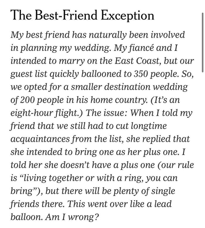 Text excerpt describing a wedding planning dilemma involving guest list issues and a friend's plus-one request.