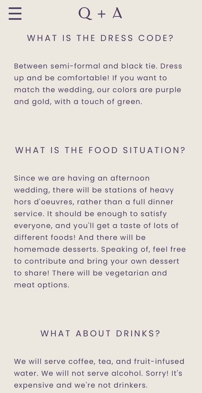 Wedding Q&A image with dress code, food, and drink details; semi-formal attire, hors d'oeuvres, desserts, and non-alcoholic drinks.