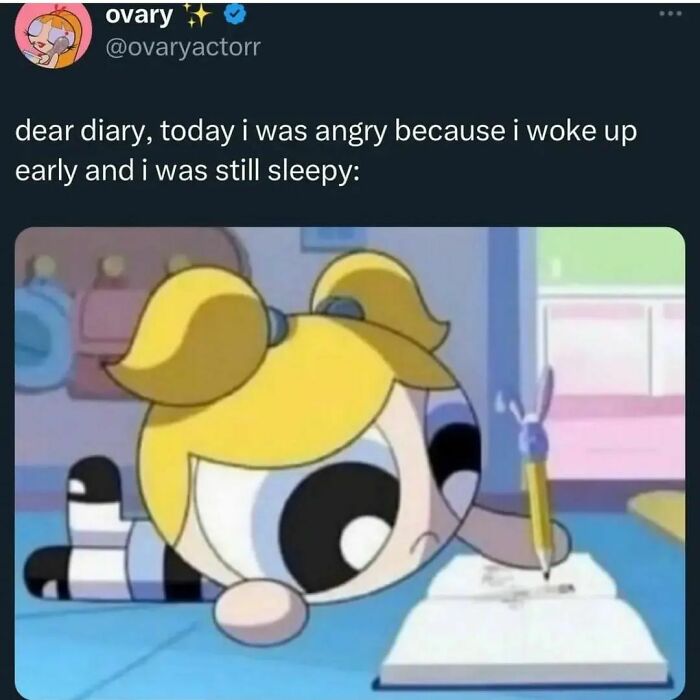 Cartoon character lying down and writing in a diary, capturing funny and relatable meme humor for laughs and memes.