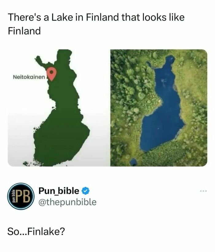 Map of Finland next to a lake shaped like Finland, shared as a hilarious meme to save your day with laughter.