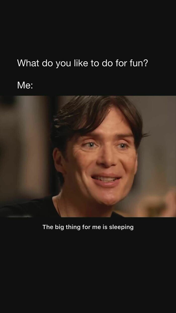 Smiling person with meme text about enjoying sleep, relatable to mental health.