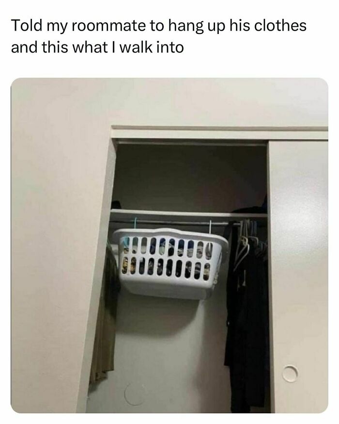 Laundry basket hanging on a closet rod instead of clothes, a funny and relatable college meme post.