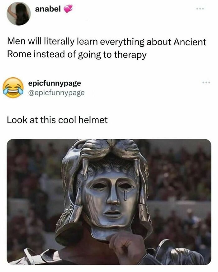 Ancient Rome meme with a silver helmet and humorous text on learning history.