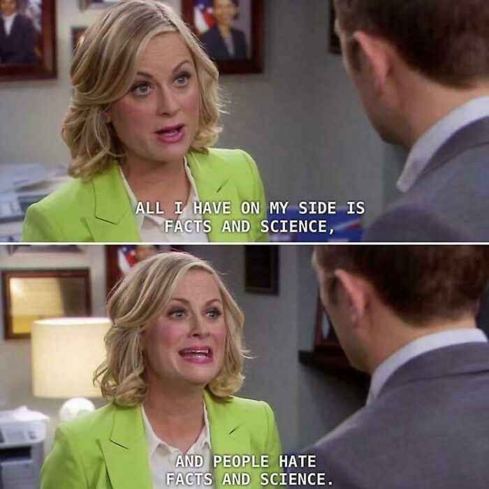 Woman in a green blazer speaking, quotes about facts and science. A hilarious image that makes sense without overthinking.