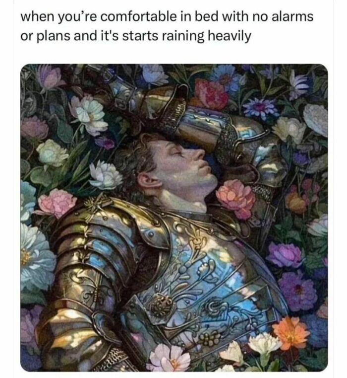 A knight in ornate armor lies peacefully surrounded by colorful flowers, humorously conveying comfort.