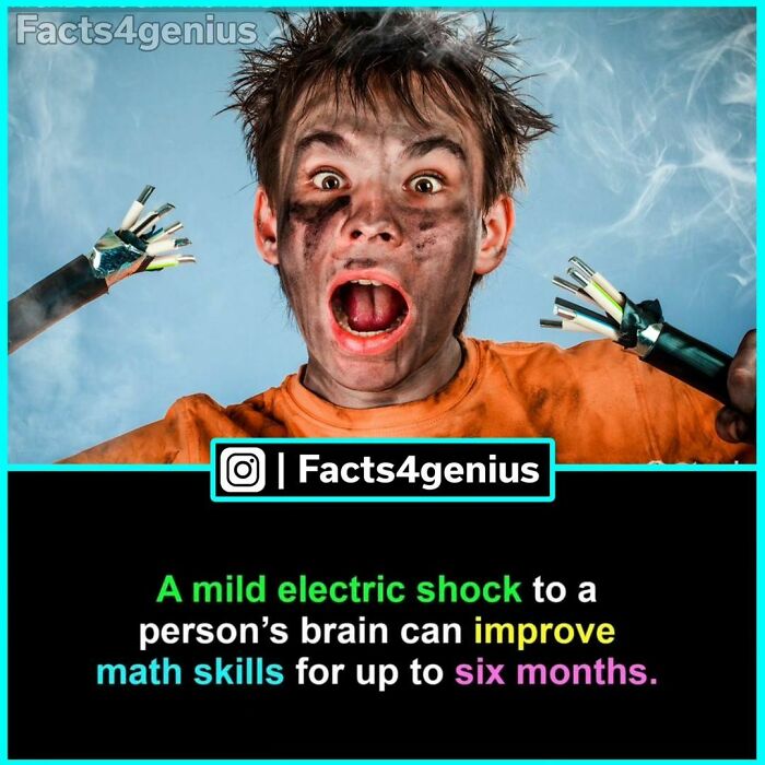 Child with disheveled hair holding frayed wires, surprised expression; text on image shares an interesting fact about math skills.