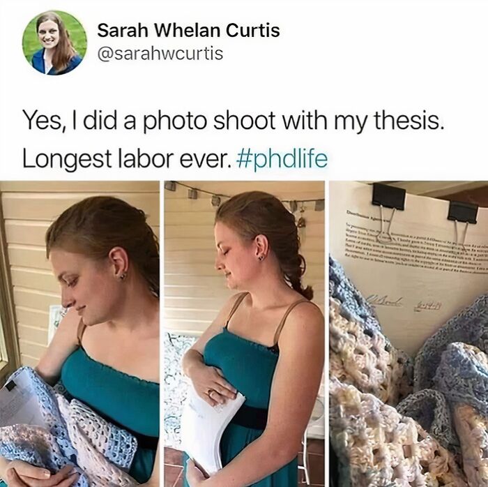 Woman humorously cradling her thesis like a baby in a photo shoot, relatable science meme about phd life.