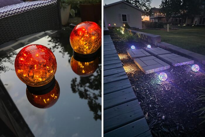 Colorful garden solar lights glowing on a table and along a garden path enhancing outdoor gardening finds.
