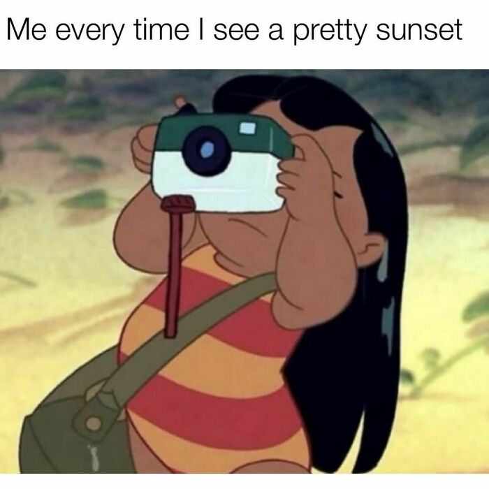 Cartoon character taking a photo of a sunset illustrating hilariously relatable memes for sharing with friends.