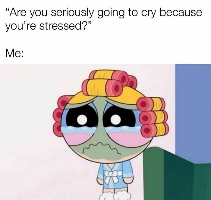 Cartoon character crying with curlers, illustrating relatable mental stress humor.