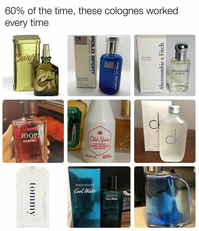 Collection of vintage cologne bottles including Old Spice, Polo Sport, and Abercrombie, evoking nostalgia for the 90s and early 2000s.
